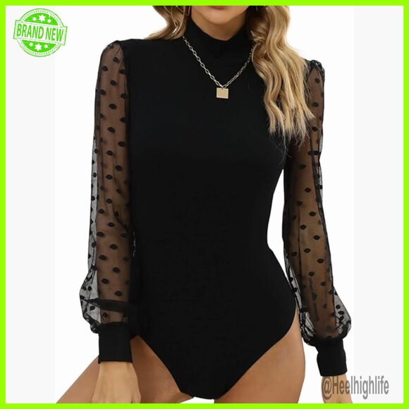 Sheer Mesh Long Sleeve Bodysuit with Snap Closure Fitted Shapewear